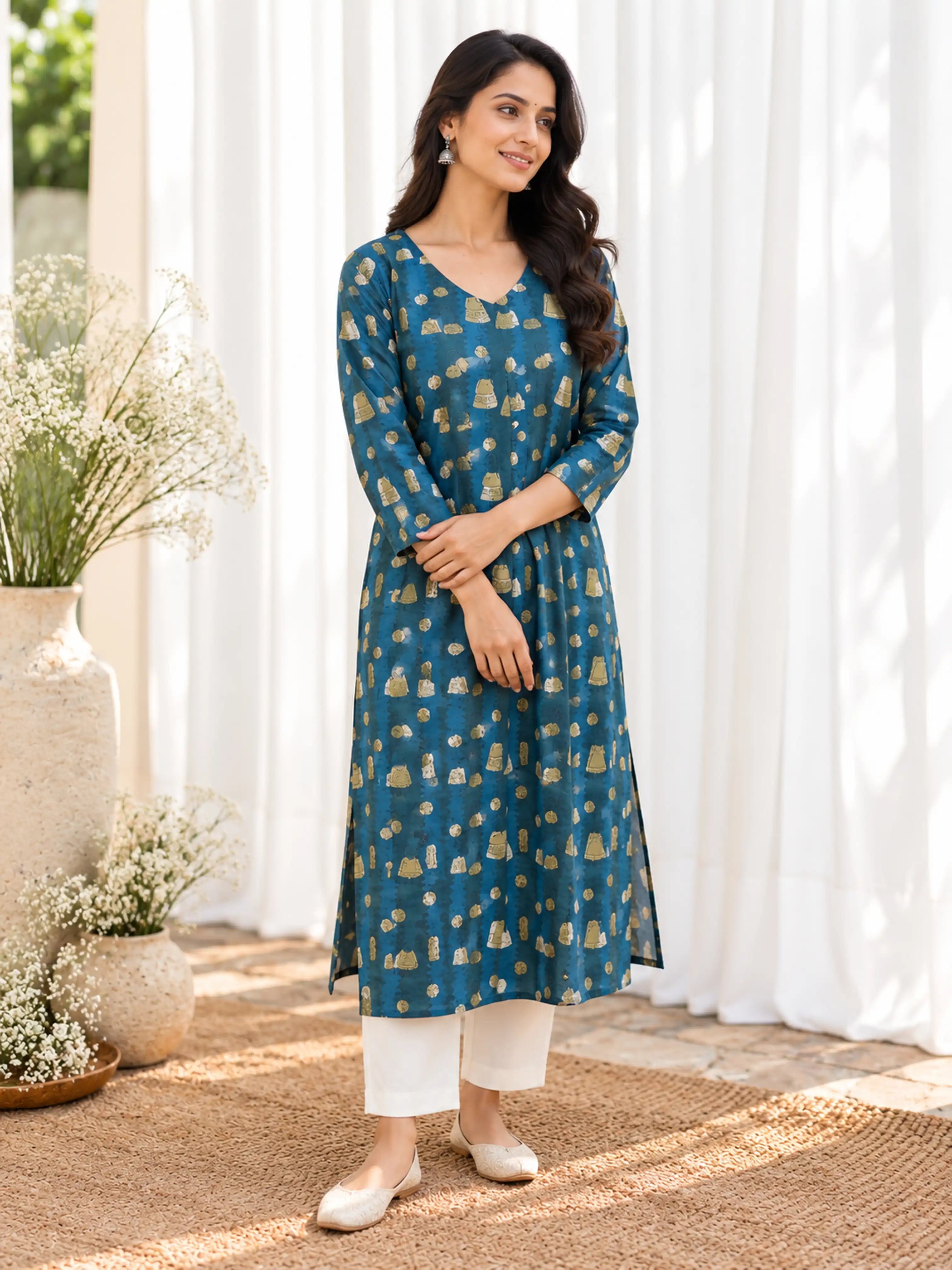 Teal Blue Jhumka Dot Jahota Handblock Printed Straight Cut Cotton Kurta
