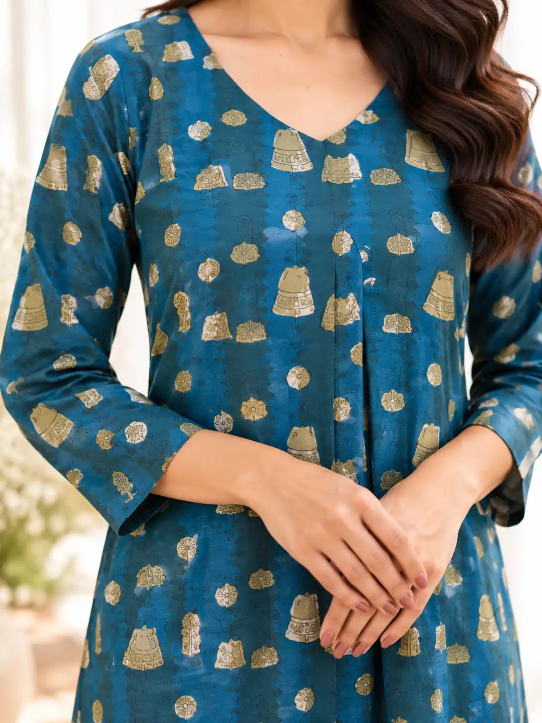 Teal Blue Jhumka Dot Jahota Handblock Printed Straight Cut Cotton Kurta