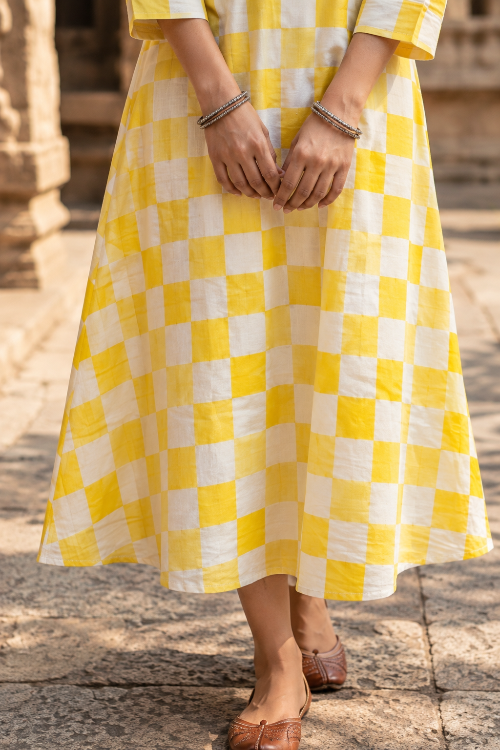 Sunny Yellow Checkered HandBlock Printed A-Line Cotton With Lining