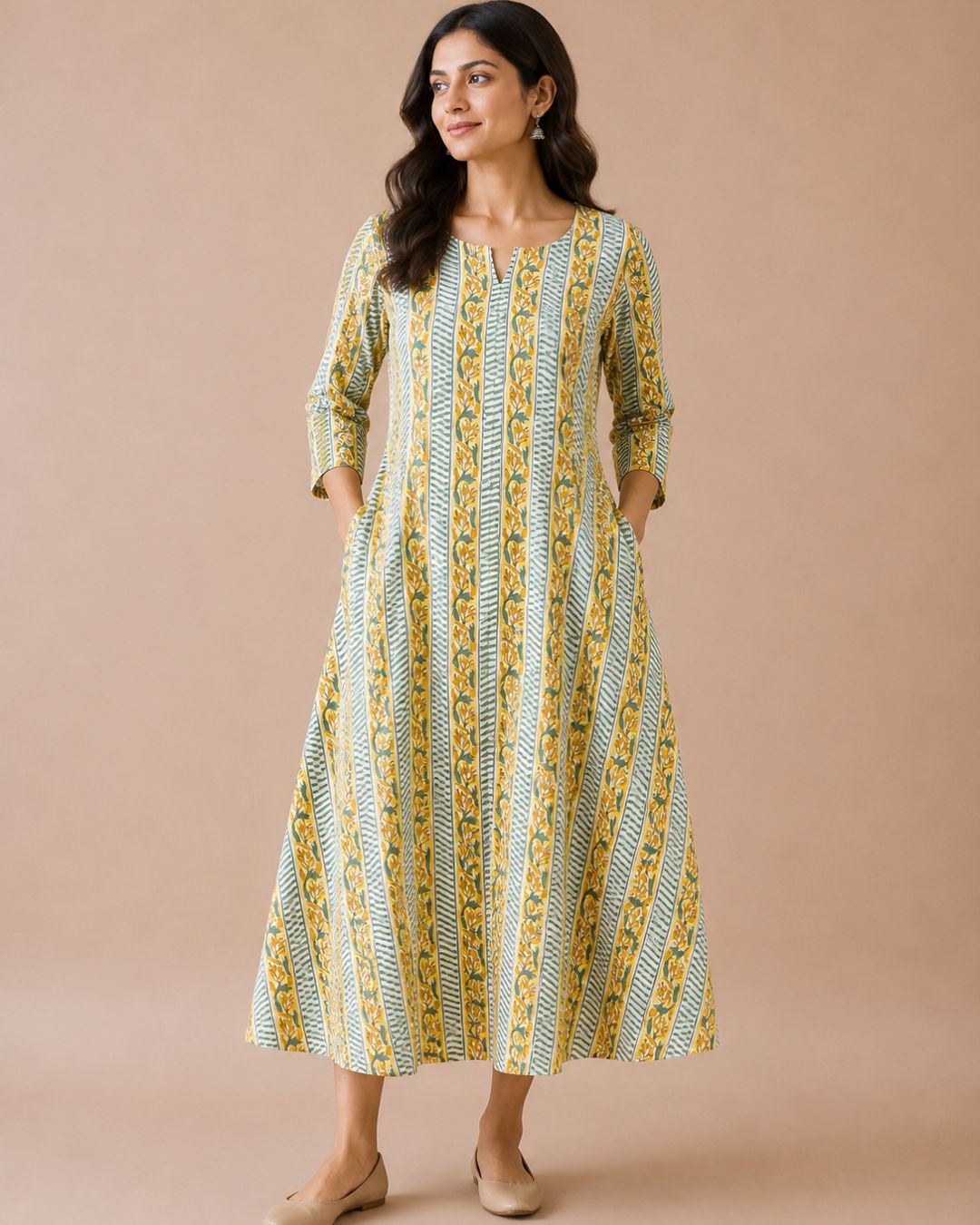 Striped Bagru Block Printed Cotton A-Line Kurta
