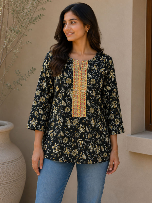 Dark Green Floral Cotton Short Kurta
