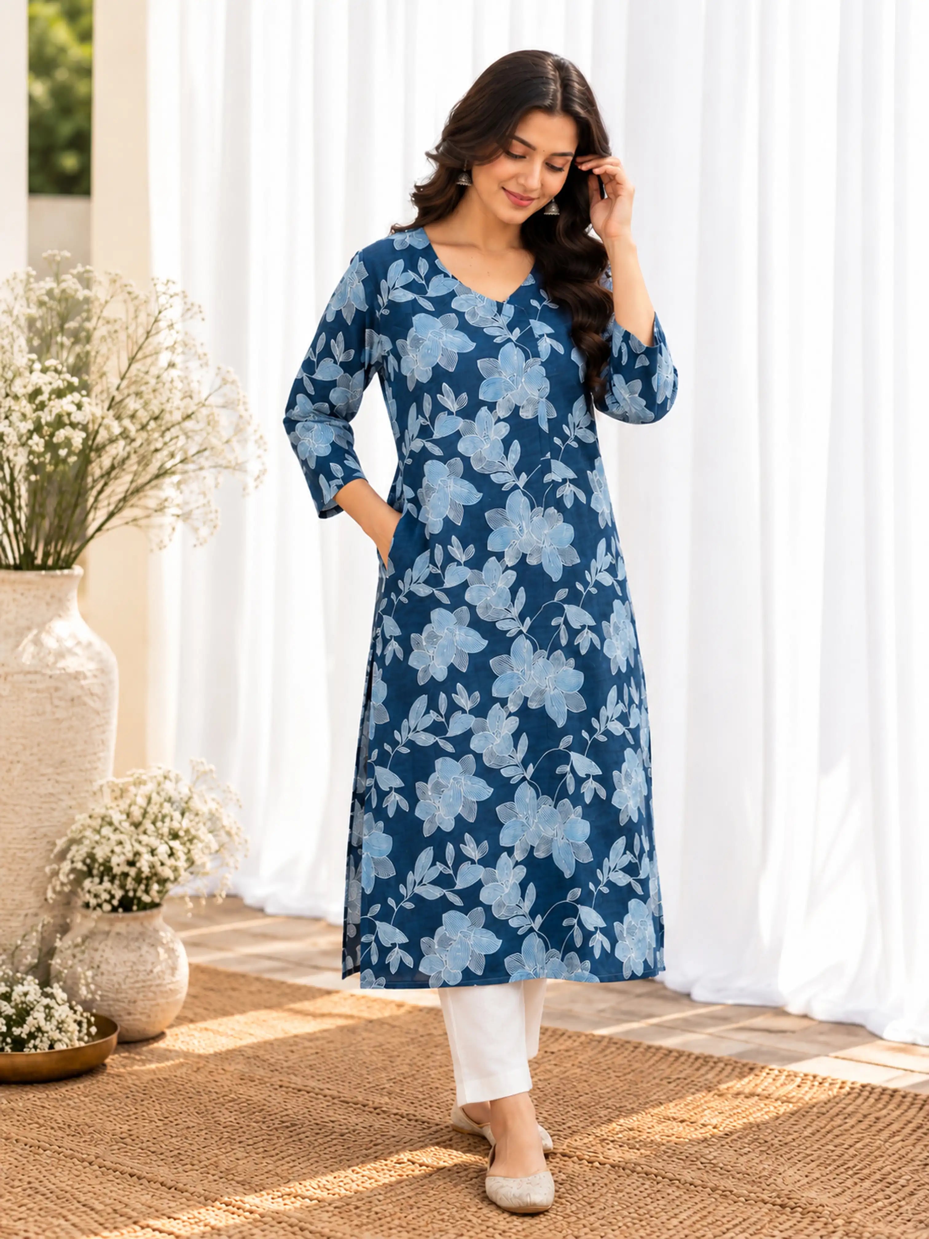Indigo Blue Floral Cotton Handblock Straight Kurta