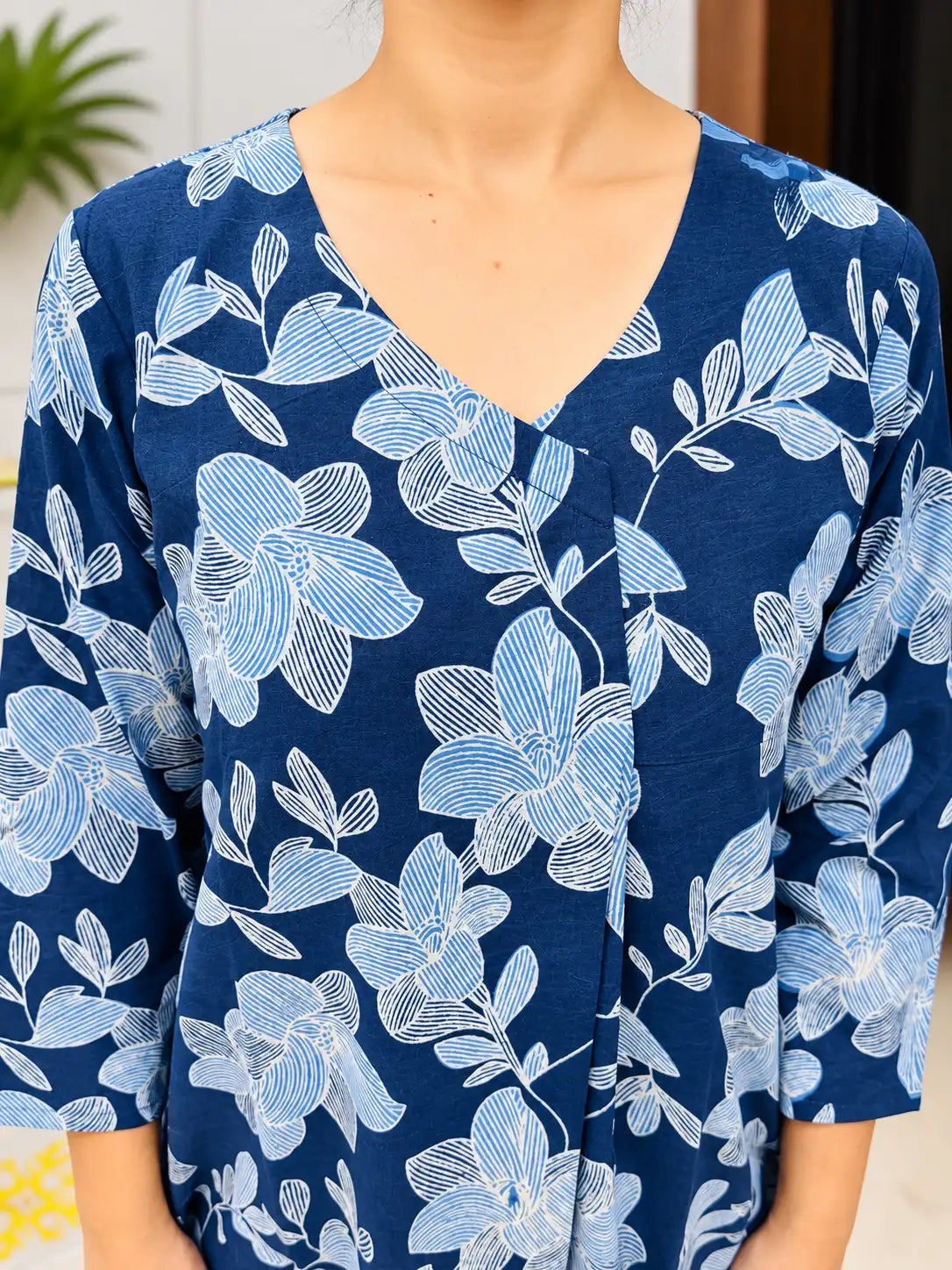 Indigo Blue Floral Cotton Handblock Straight Kurta