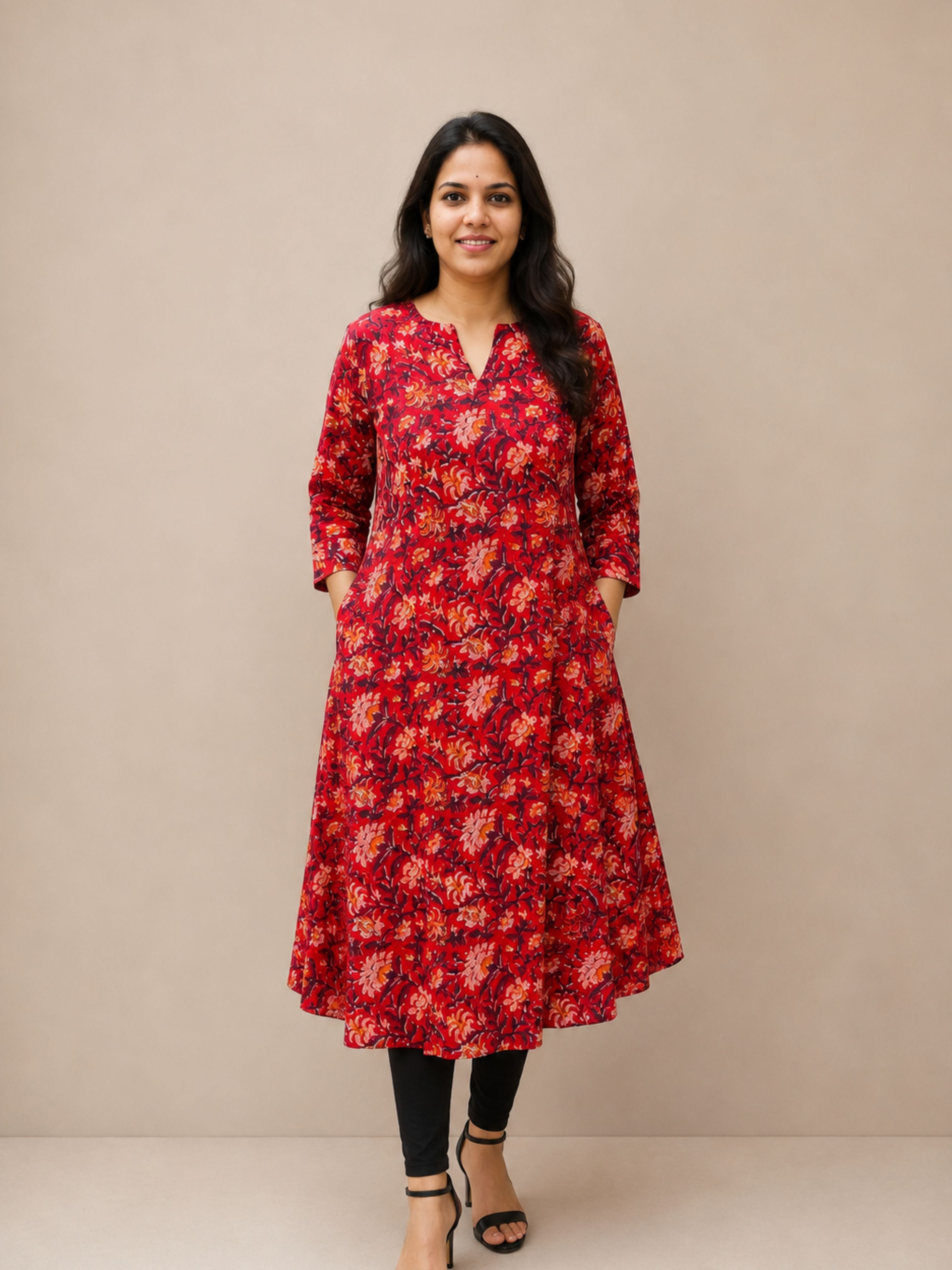 Red Sanganeri A-Line Kurta
