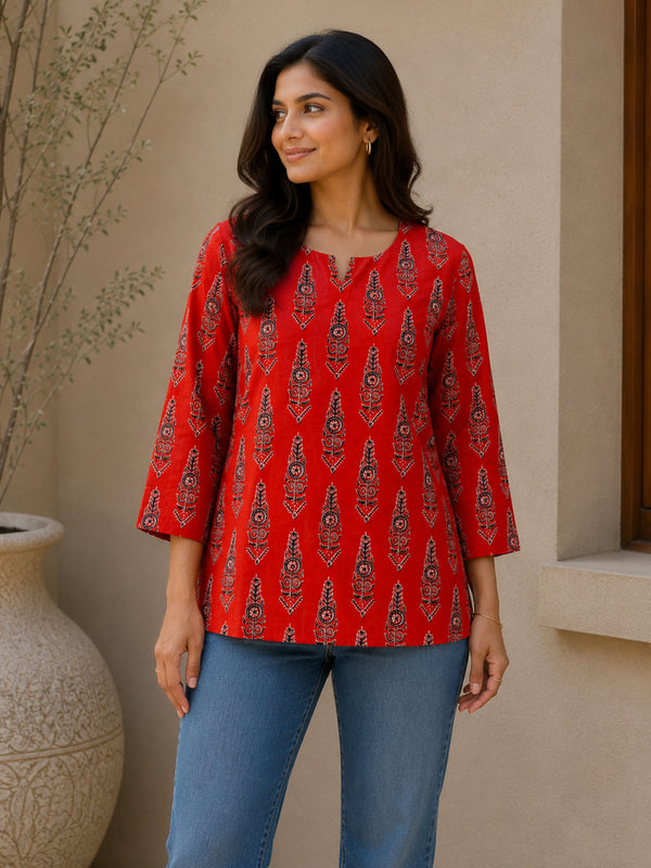 Red Ajrakh Cotton Short Kurta