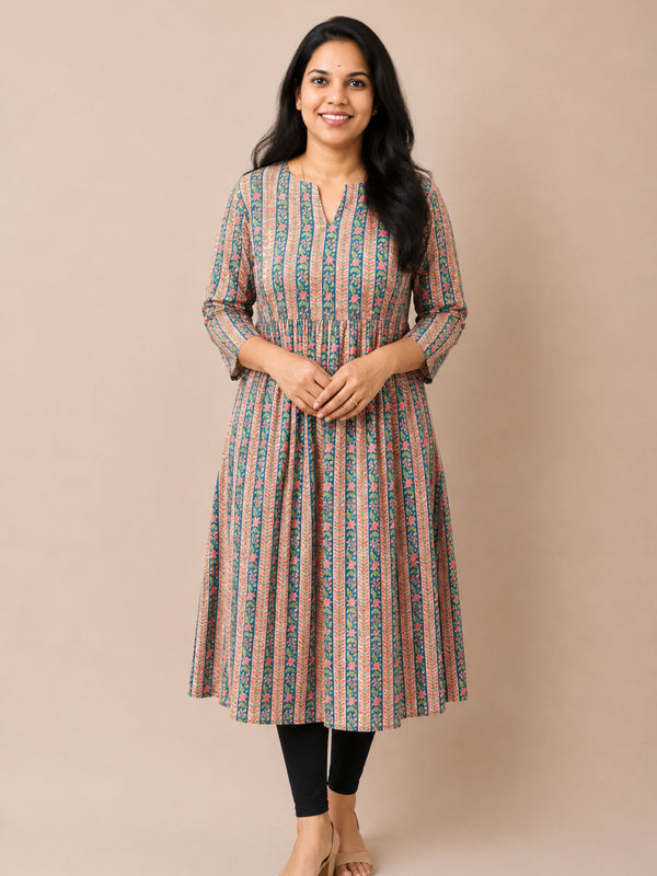 Multi Bagru Block Printed Pleated A-Line Kurta