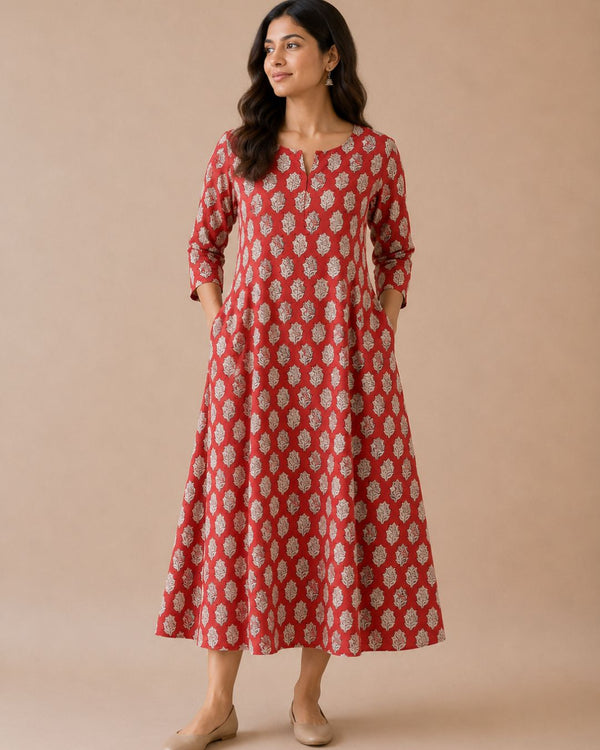 Red Bagru Block Printed Cotton A-Line Kurta