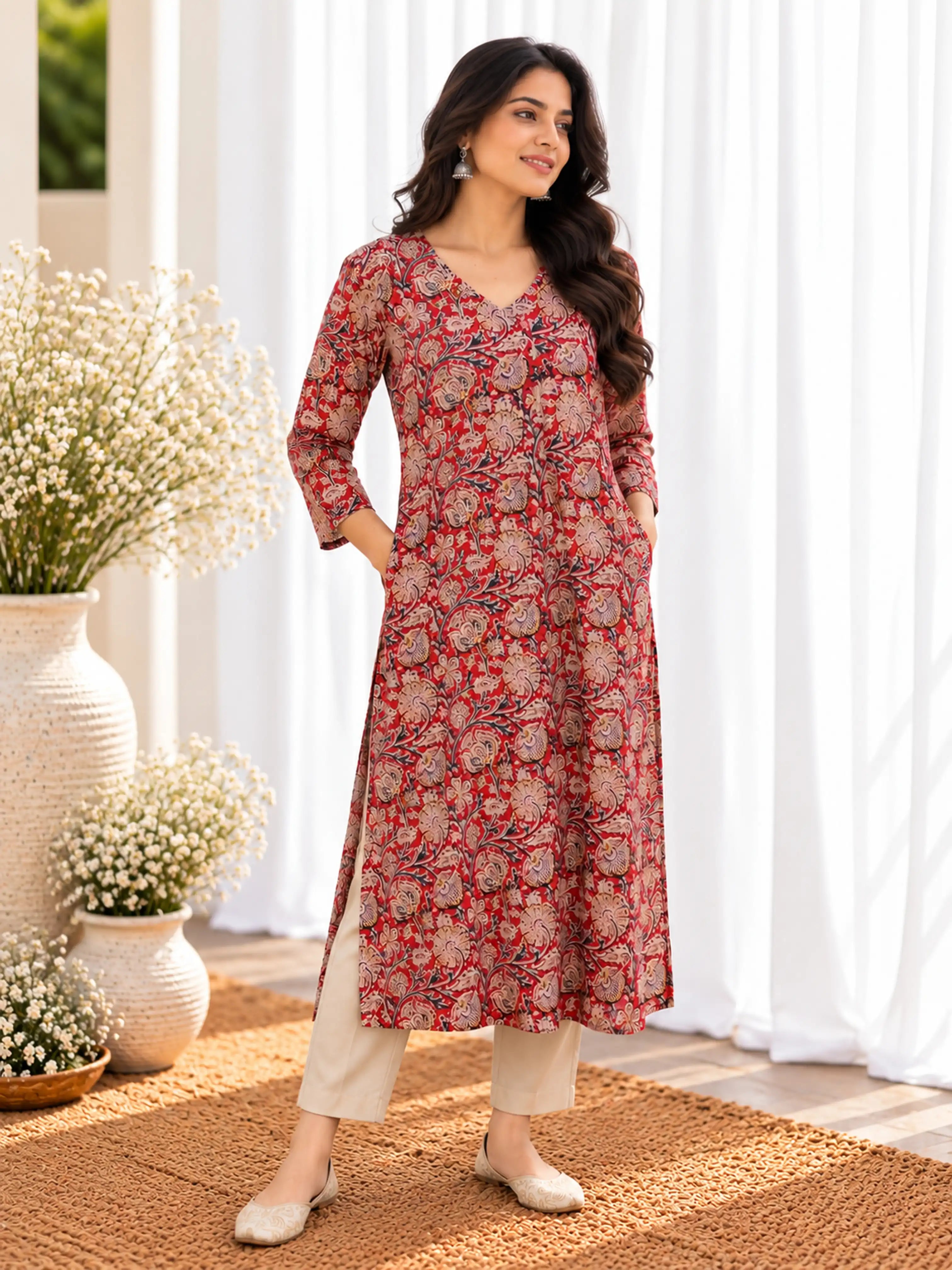 Red Beige Kalamkari Cotton Handblock Straight Kurta