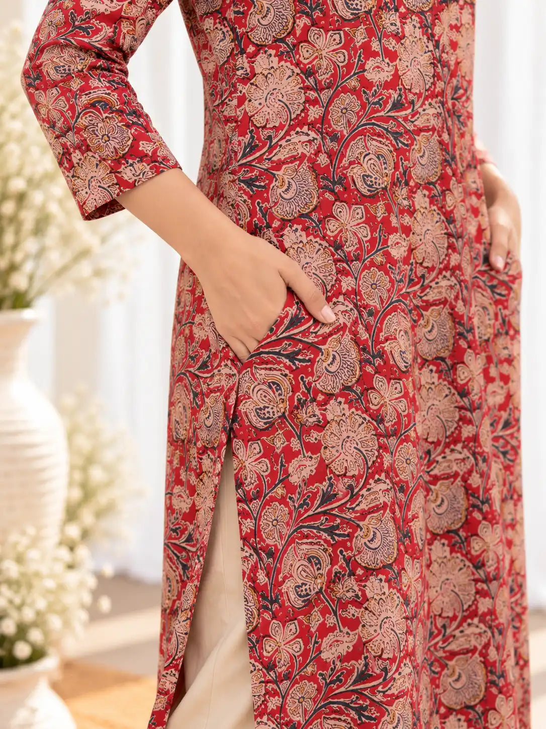 Red Beige Kalamkari Cotton Handblock Straight Kurta