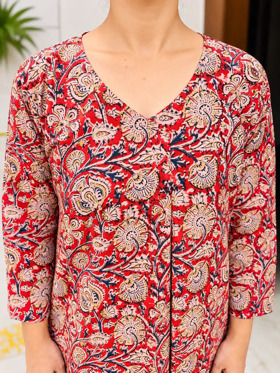 Red Beige Kalamkari Cotton Handblock Straight Kurta