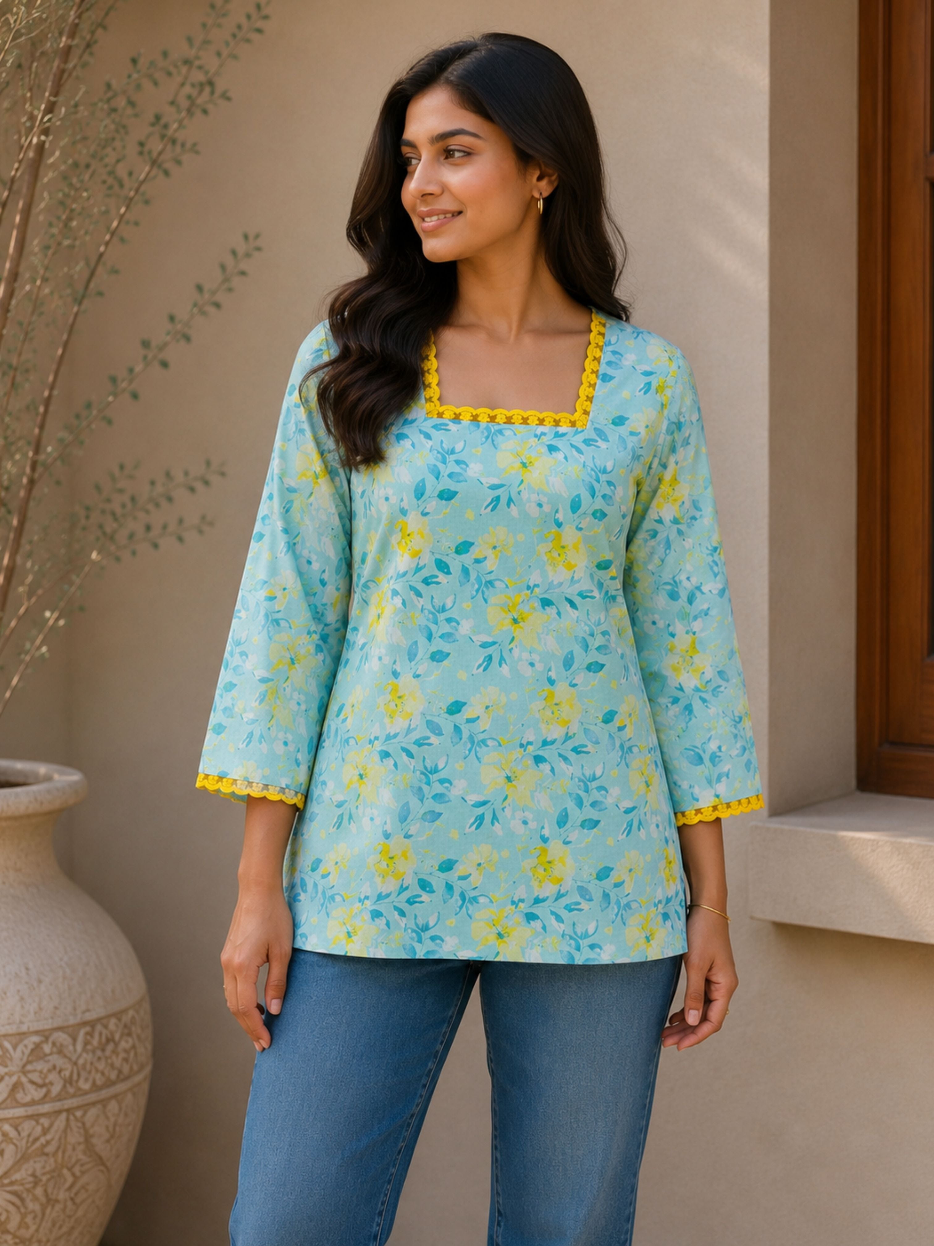 Blue Cotton Short Kurta With Lace