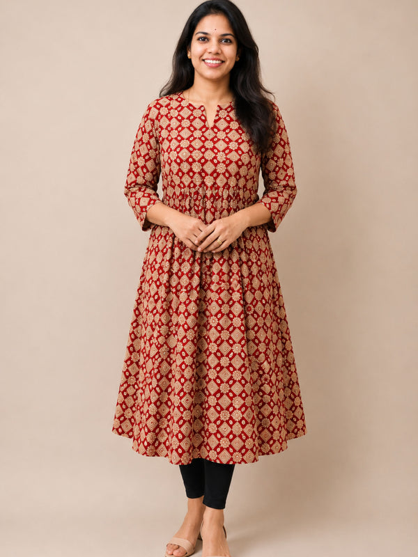 Red Bagru Block Printed Pleated A-Line Kurta