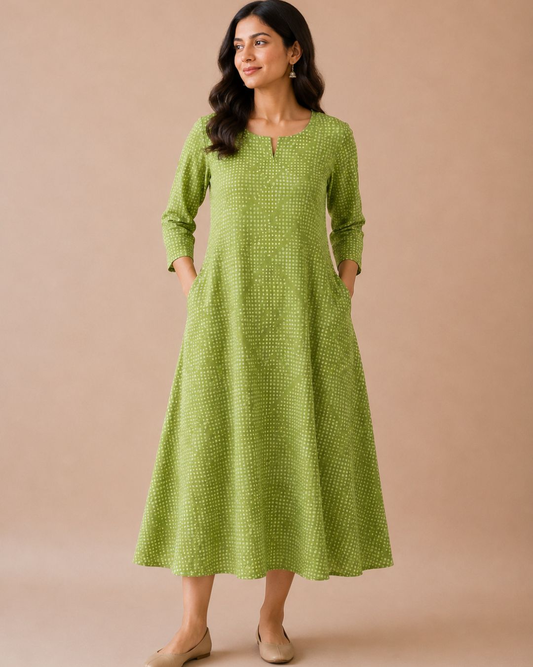 Leafy Green Dabu Block Printed Cotton A-Line Kurta