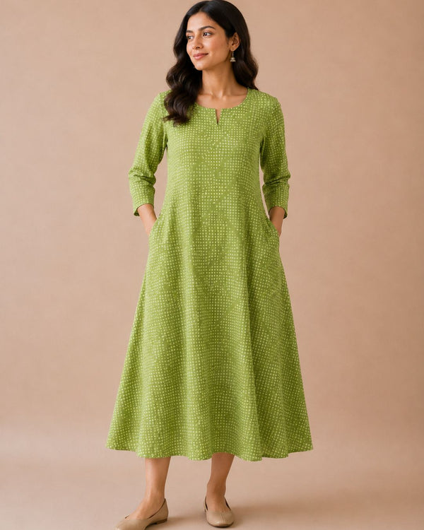 Leafy Green Dabu Block Printed Cotton A-Line Kurta