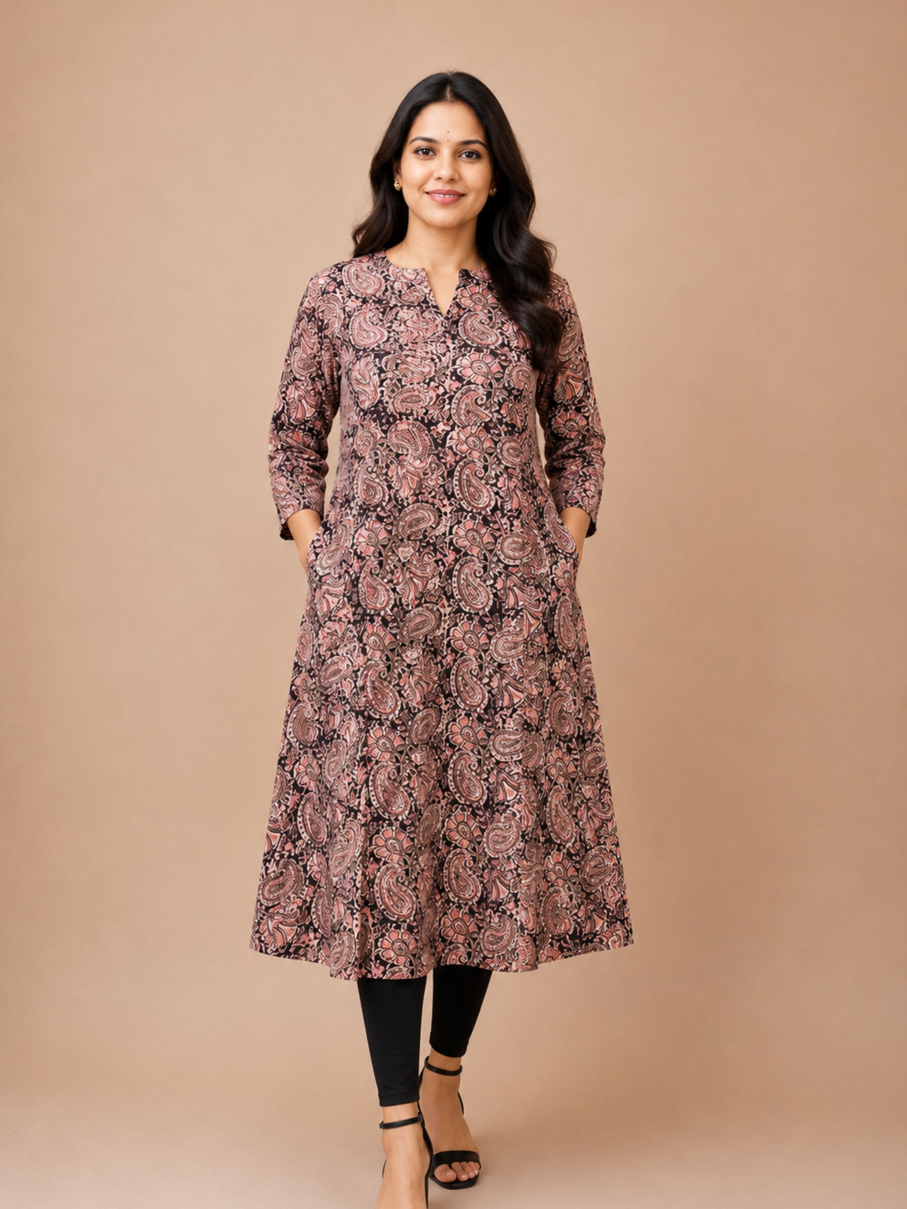 Brown Kalamkari Block Printed A-Line Kurta
