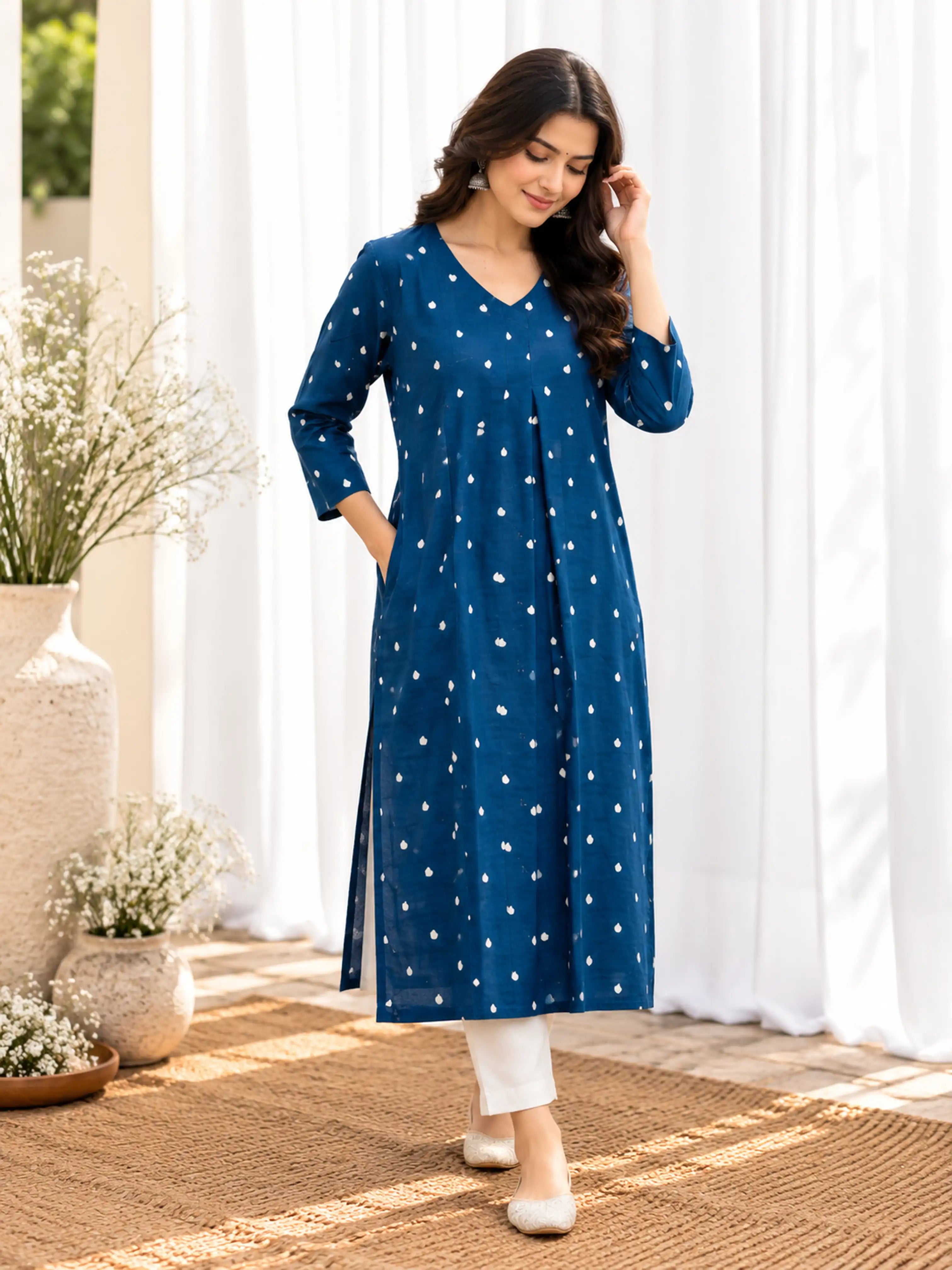 Indigo White Hearts Cotton Handblock Straight Kurta