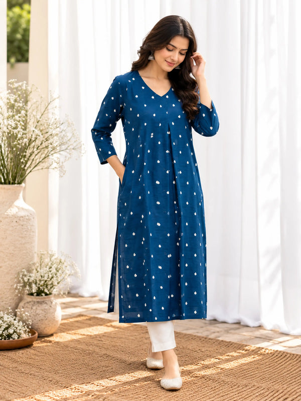 Indigo White Hearts Cotton Handblock Straight Kurta