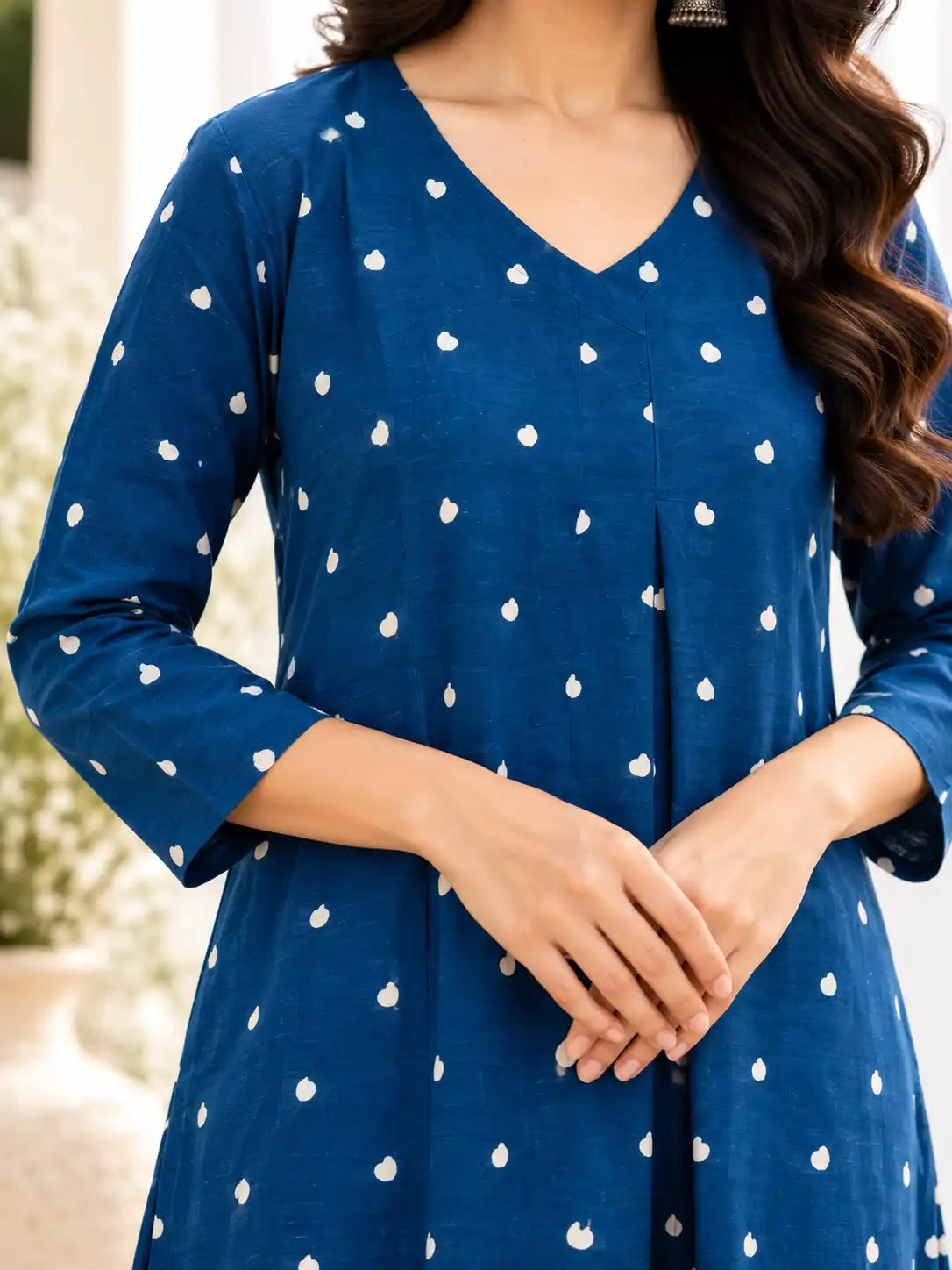Indigo White Hearts Cotton Handblock Straight Kurta