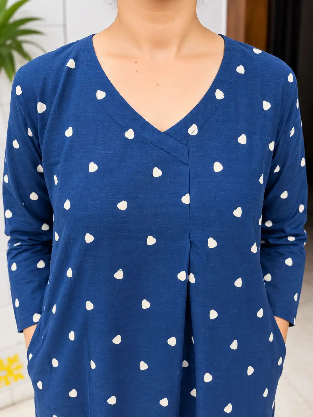 Indigo White Hearts Cotton Handblock Straight Kurta