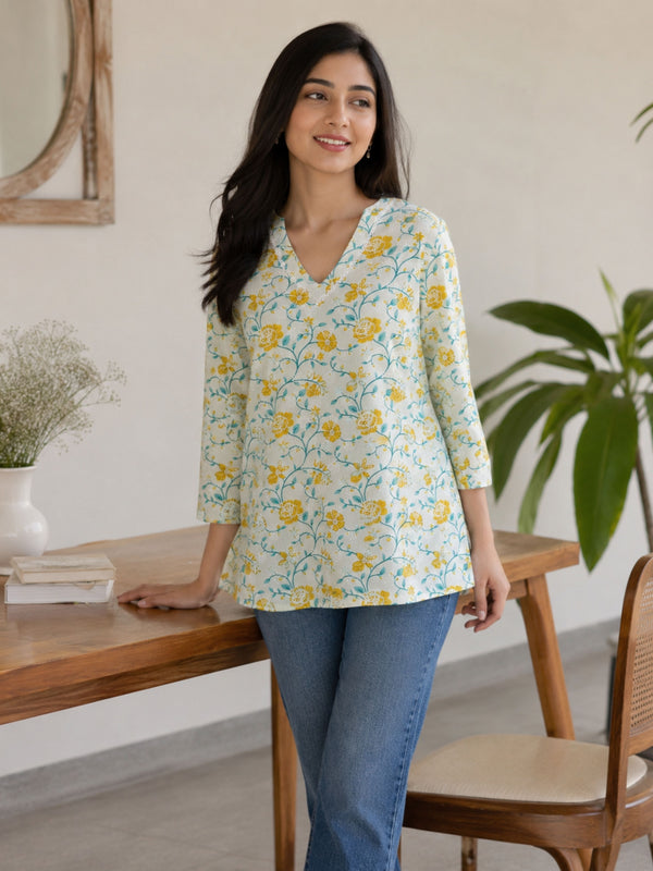 White Floral Cotton Short Kurta