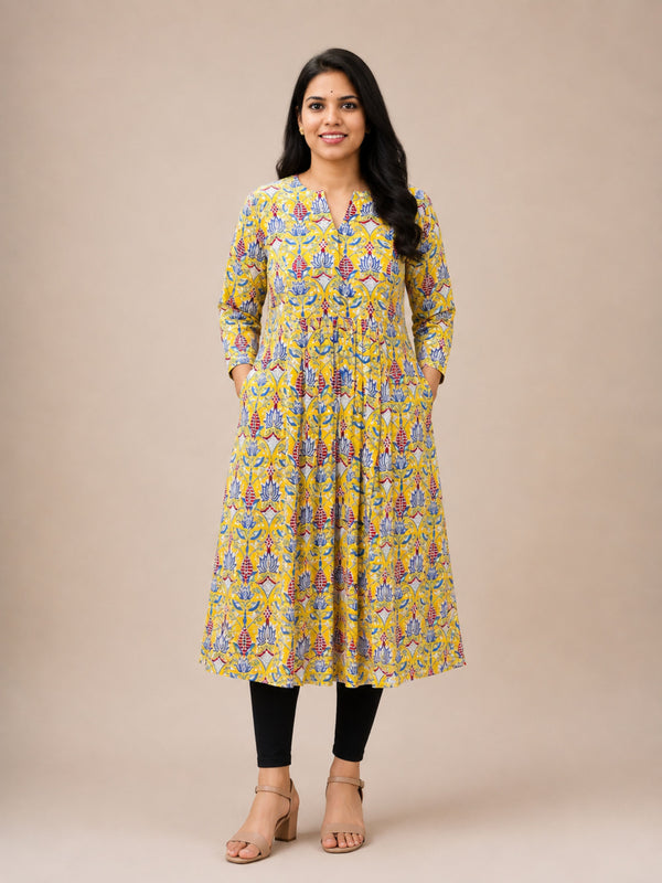 Yellow Bagru Block Printed Pleated A-Line Kurta