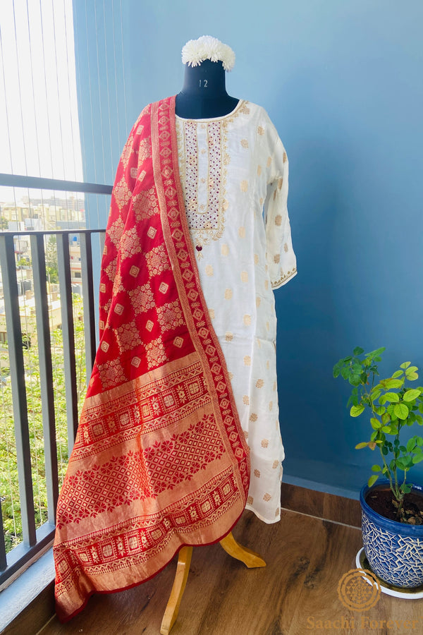 Cream and Rust Dola Silk Hand Zardosi Suit Set - 3 Piece