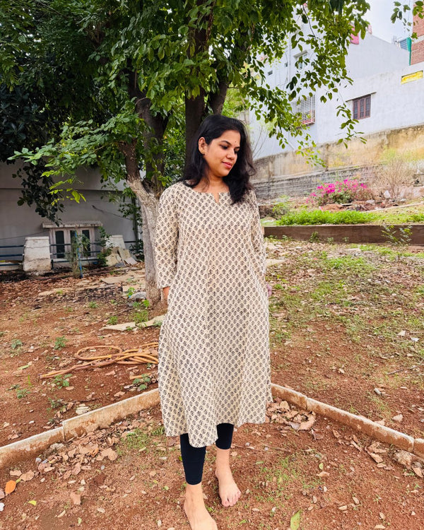 Beige Bagh Block Printed A-Line Kurta