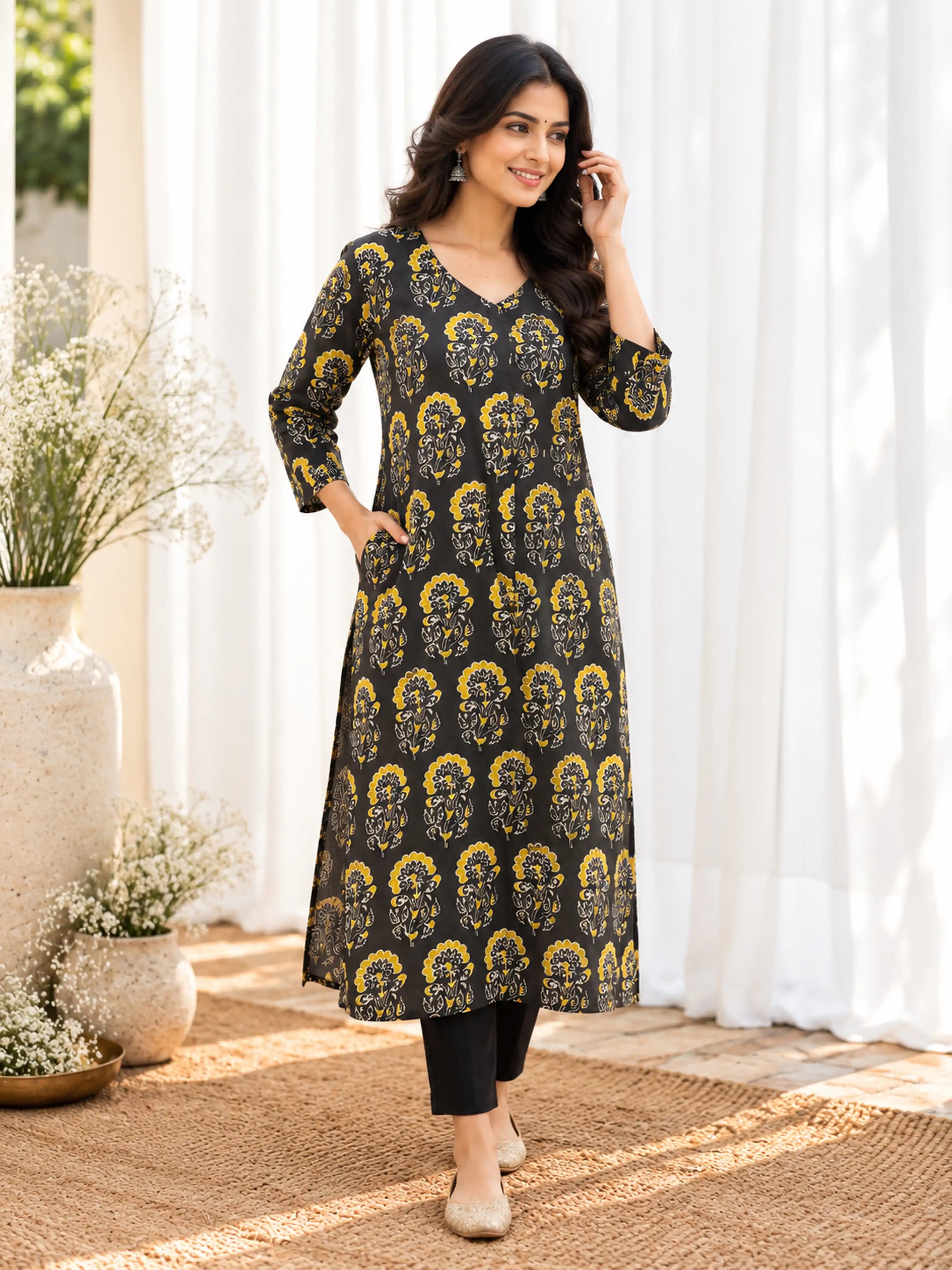 Black Mustard Yellow Mughal Buta Cotton Handblock Straight Kurta