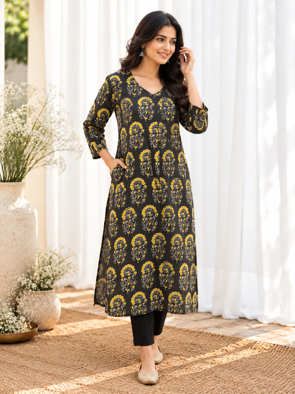 Black Mustard Yellow Mughal Buta Cotton Handblock Straight Kurta