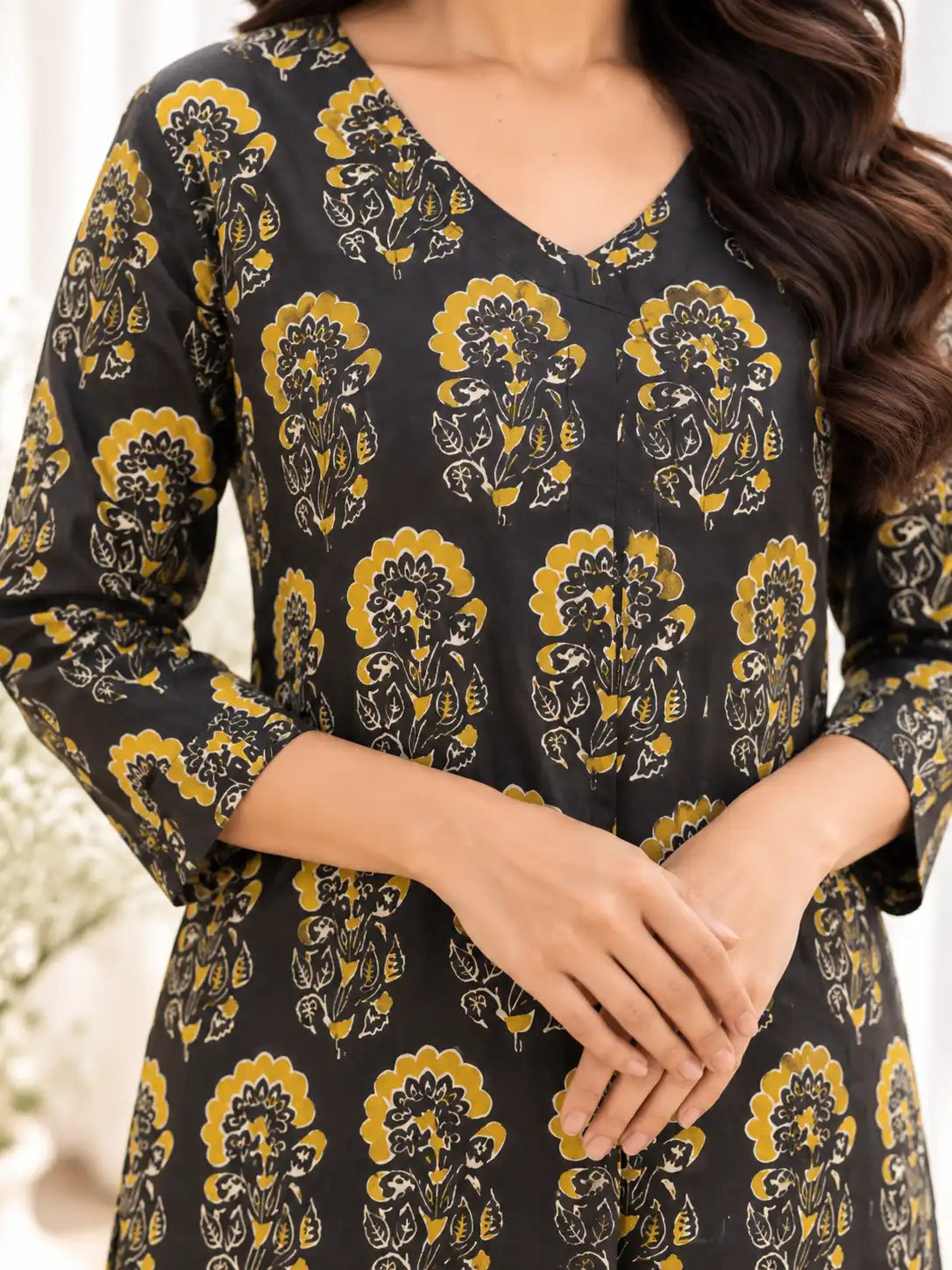 Black Mustard Yellow Mughal Buta Cotton Handblock Straight Kurta