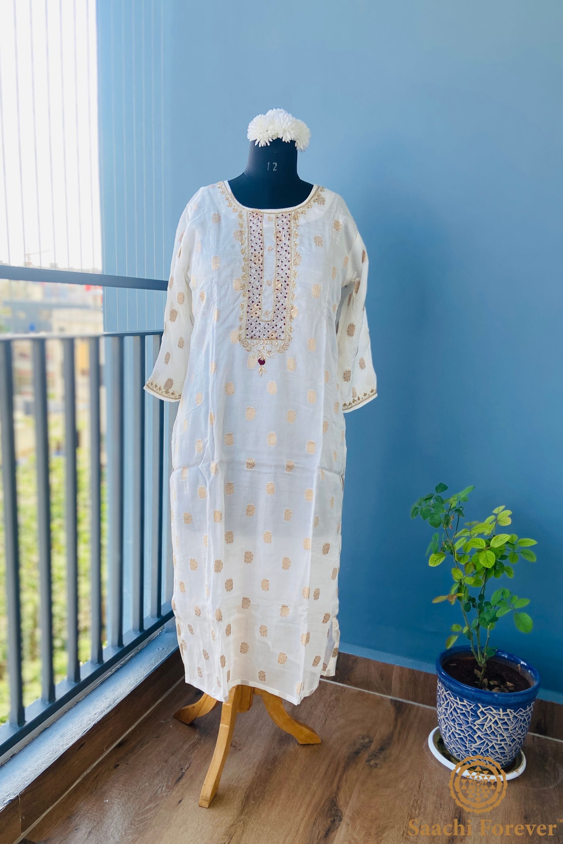 Cream and Rust Dola Silk Hand Zardosi Suit Set - 3 Piece