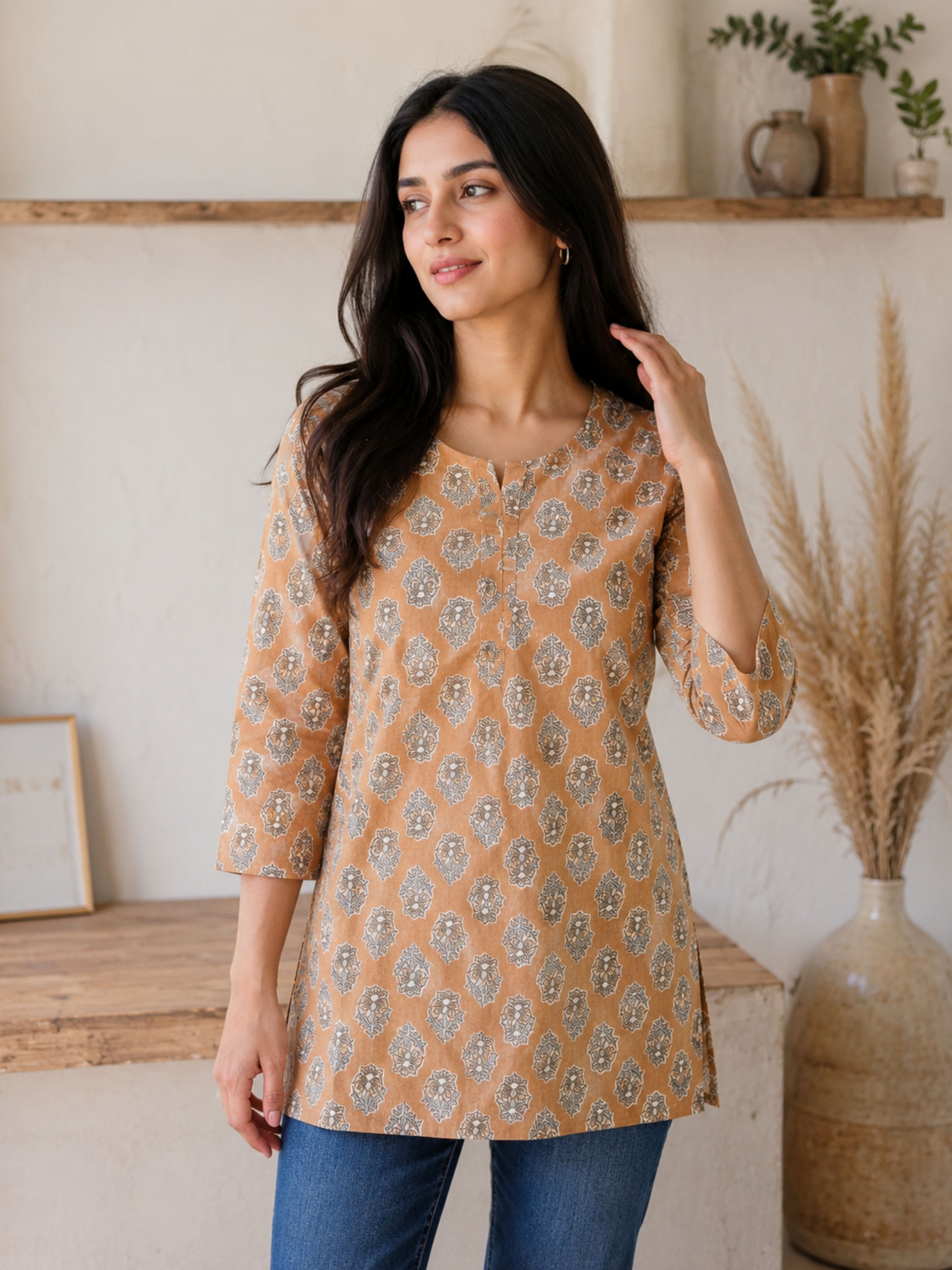 Brown Ajrakh Cotton Short Kurta