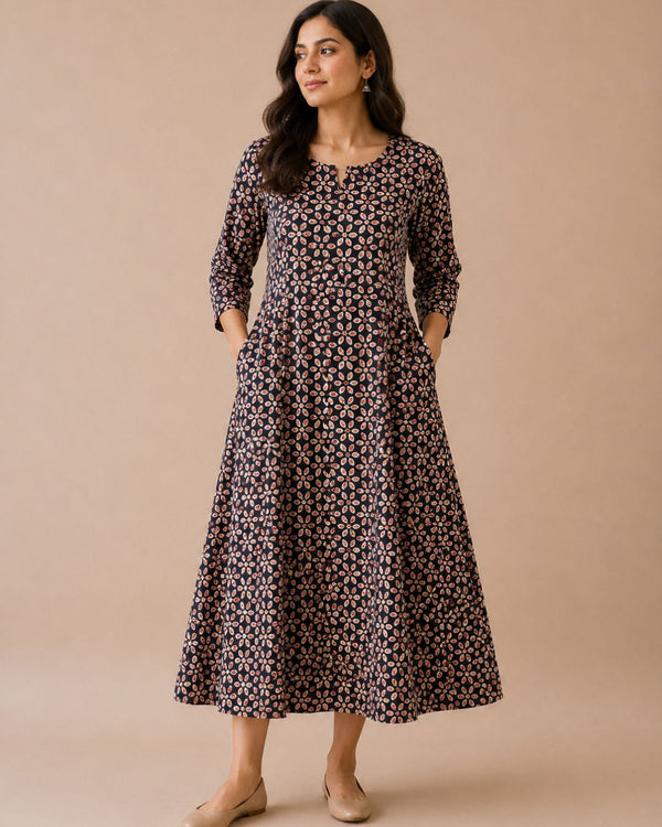 Black Bagru A-line Kurta