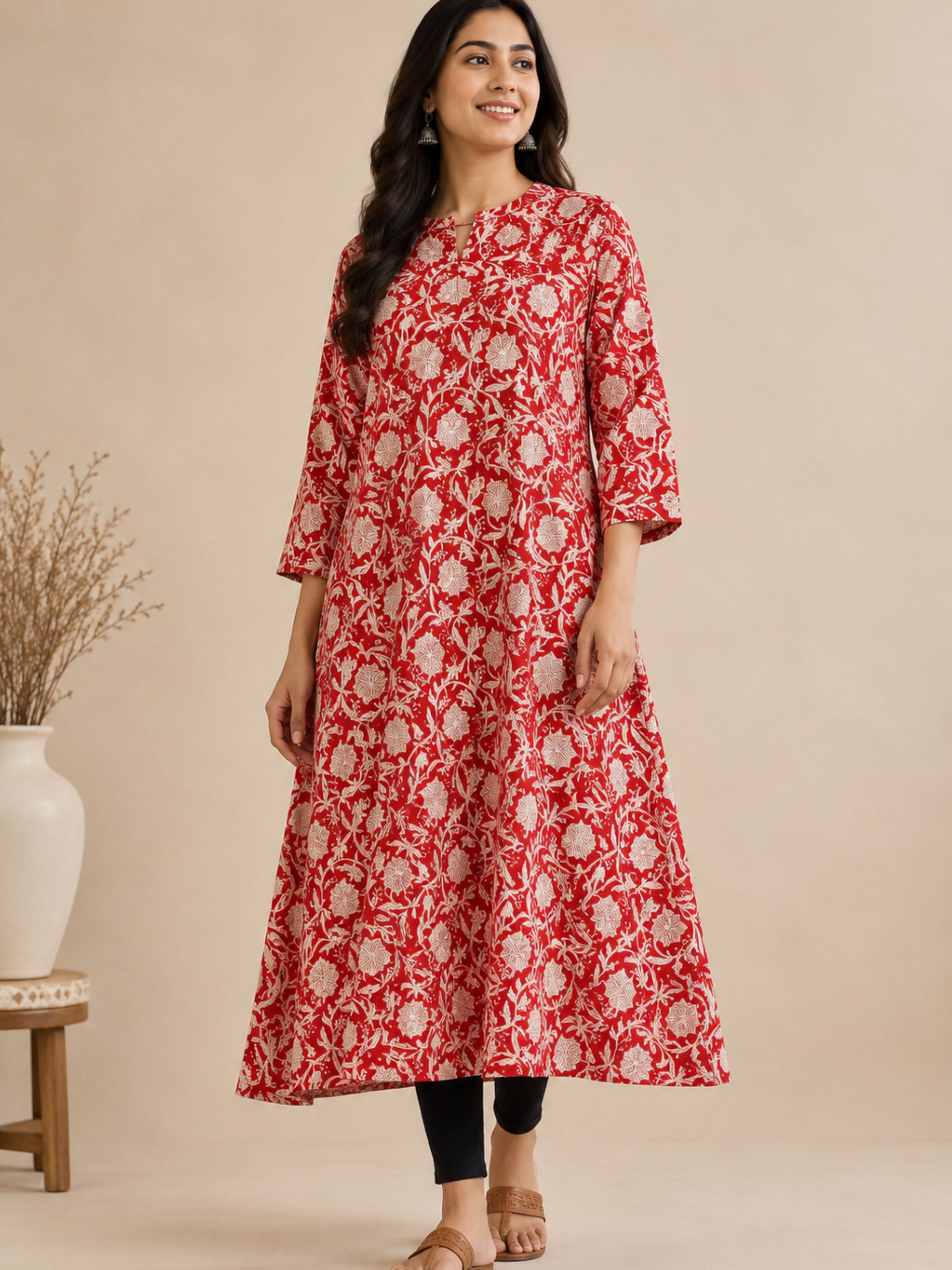 Red Bagru Block Printed A-Line Kurta