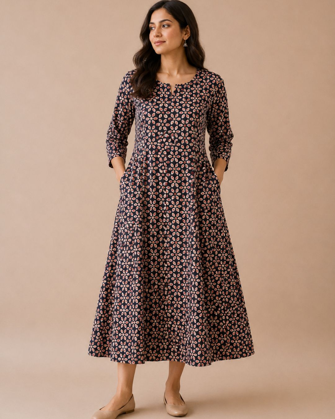 Black Bagru Block Printed Cotton A-Line Kurta