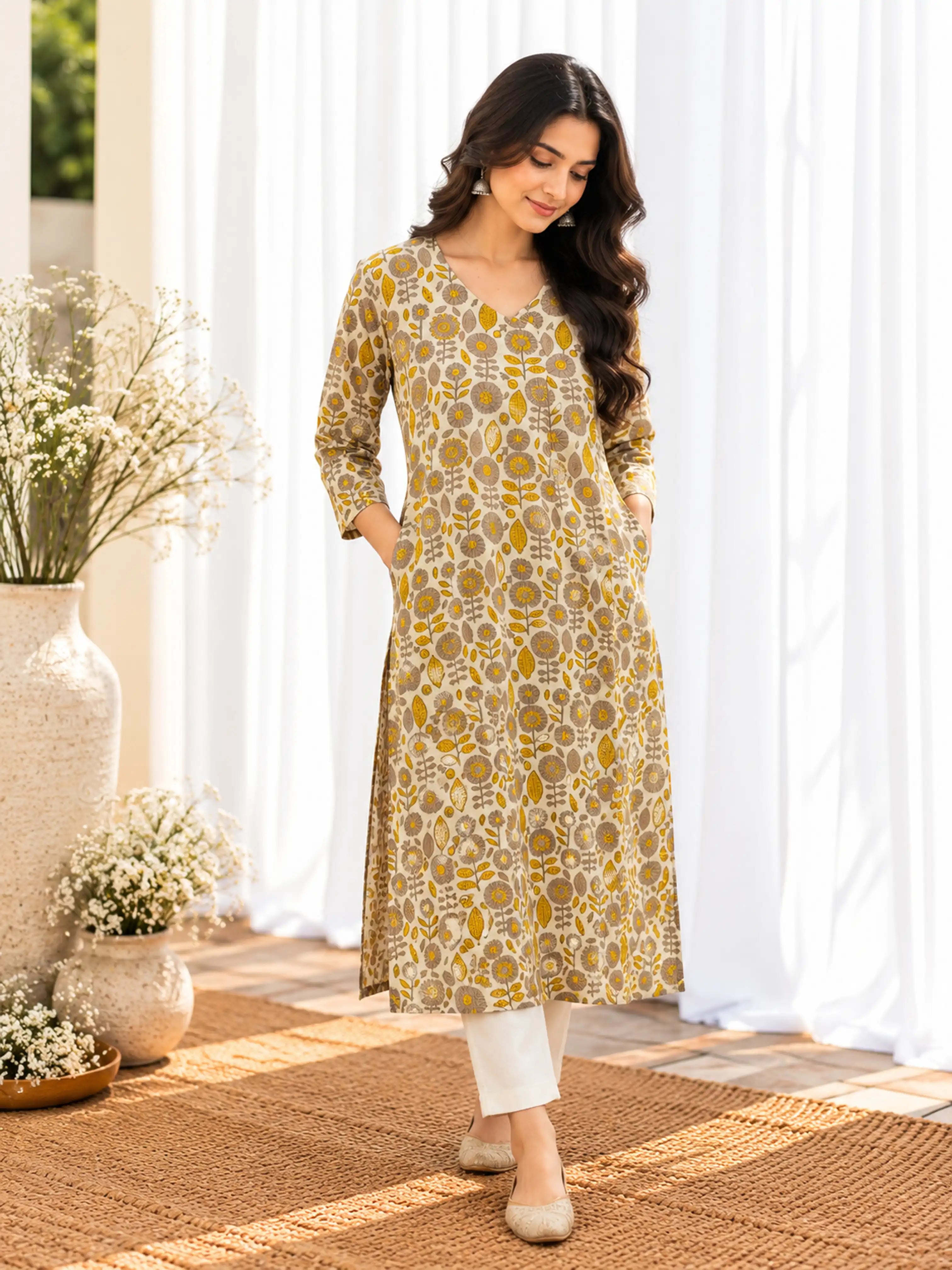 Beige Mustard Floral Jahota Cotton Handblock Straight Kurta