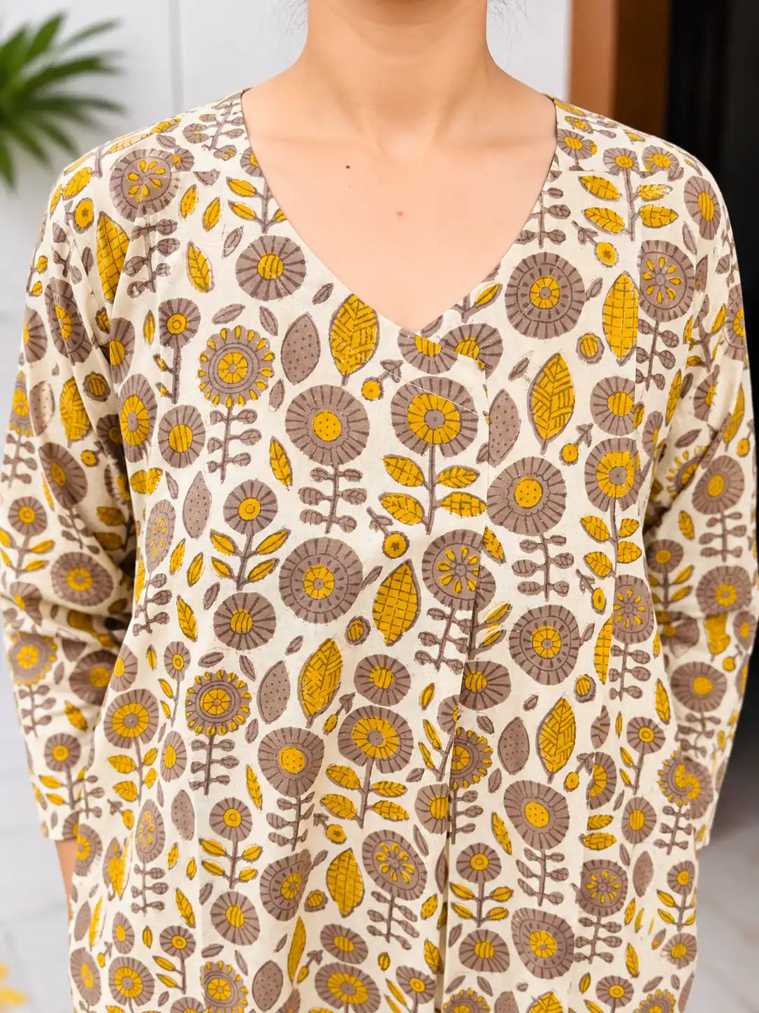 Beige Mustard Floral Jahota Cotton Handblock Straight Kurta