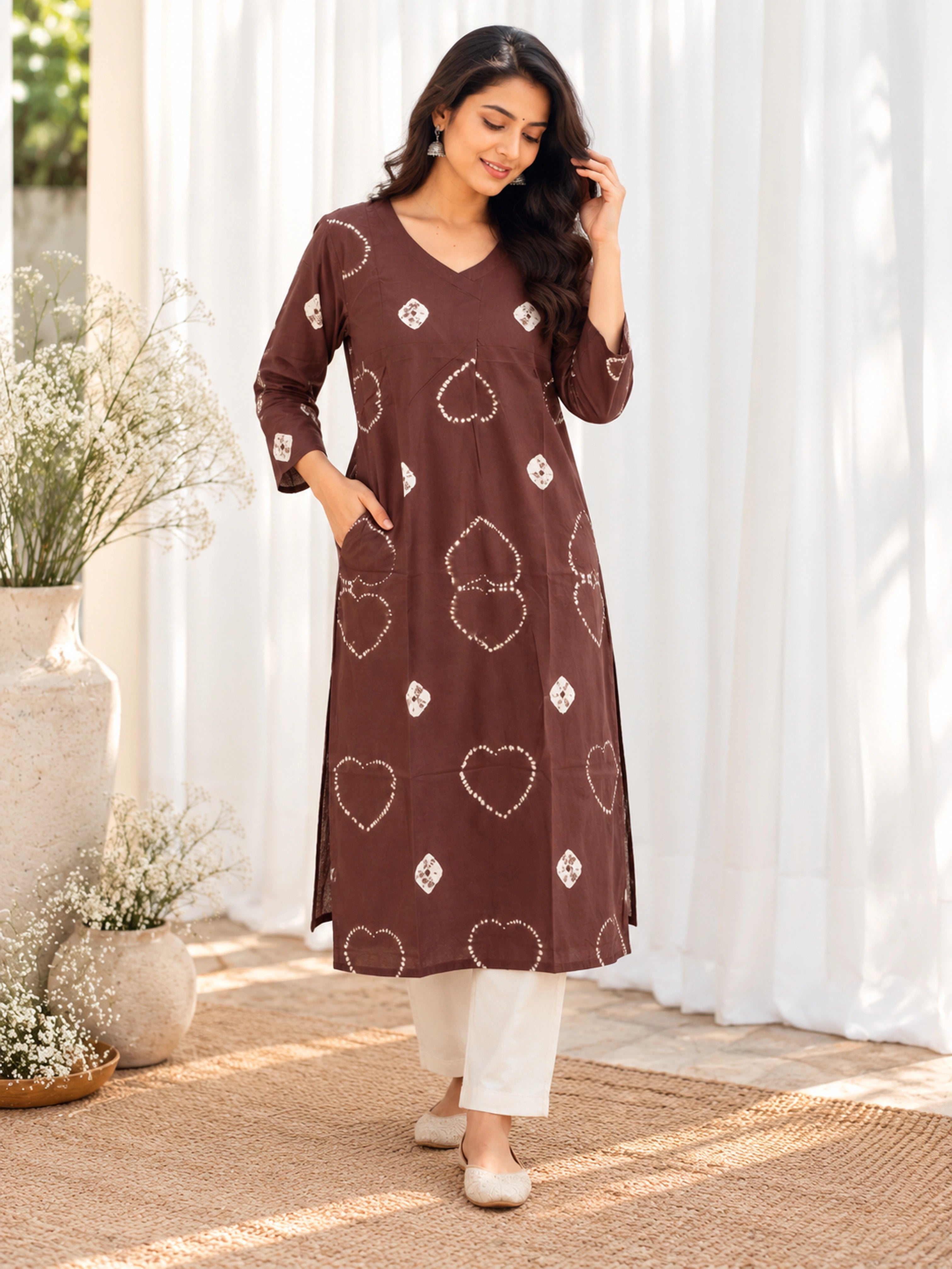 Brown & White HandMade Bandhani Straight Cut Cotton Kurta