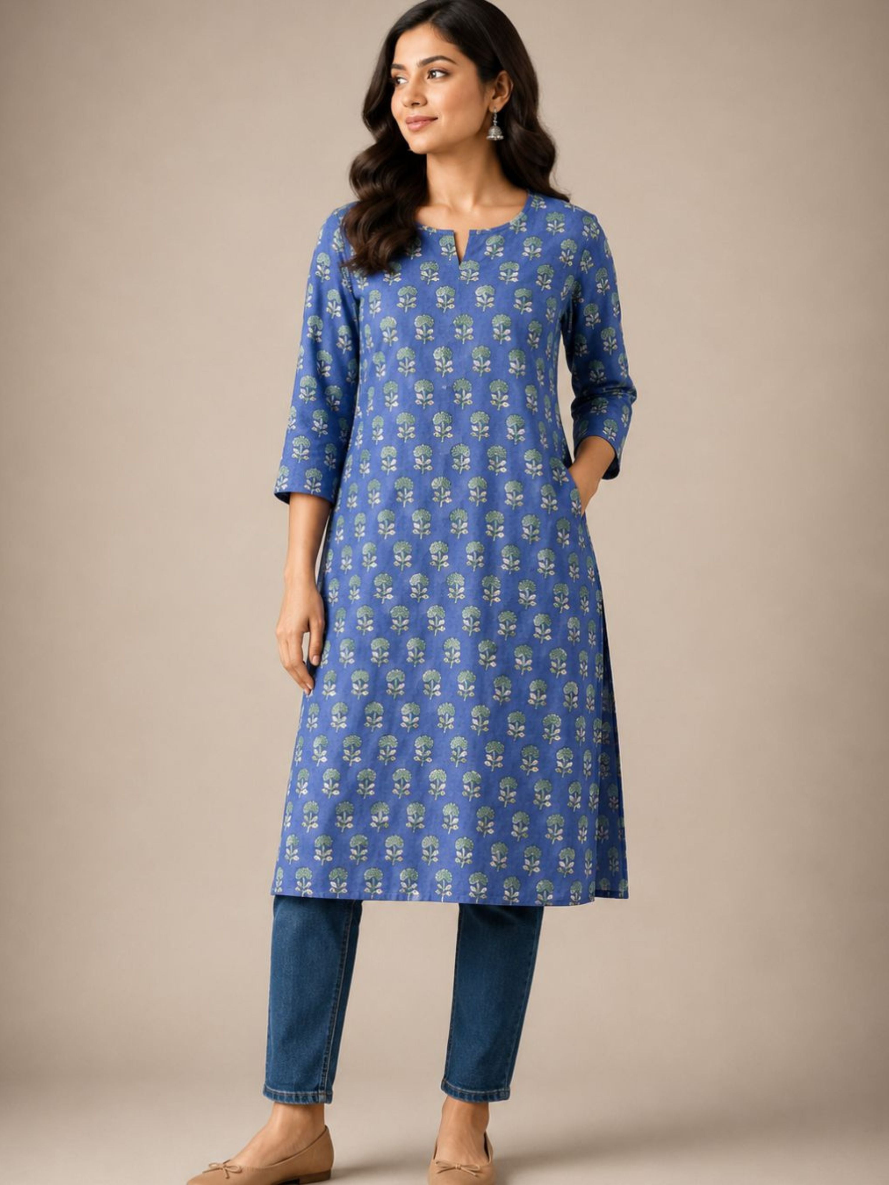 Neeli Sanganeri Straight Cut Kurta