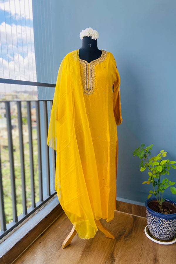 Mustard Yellow Dola Silk Hand zardosi Suit Set - 3 Piece