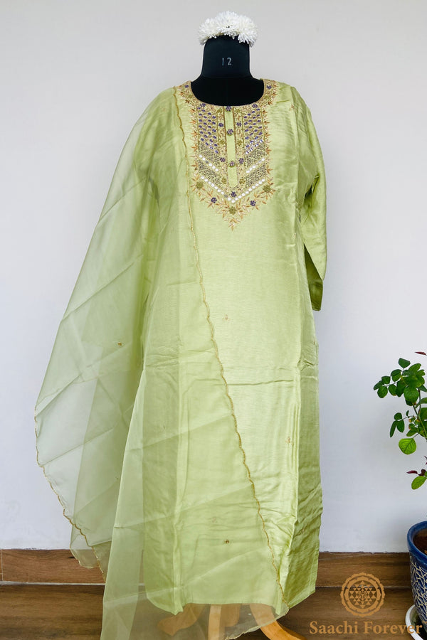 Lime Green Dola Silk Hand Zardosi Suit Set - 3 Piece