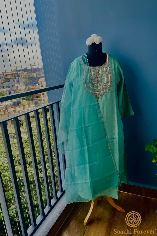 Bluish green Dola Silk Pearl & Hand Zardosi Suit - 3 Piece