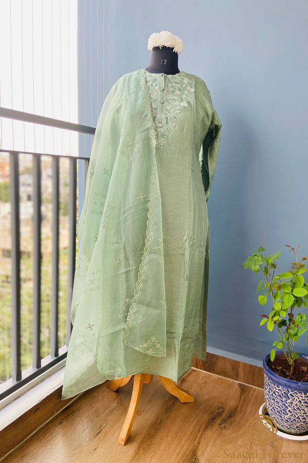 Pistachio Dola Silk Hand Zardosi Suit Set- 3 Piece