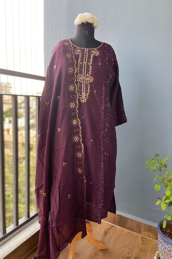 Wine Dola Silk Hand Zardosi & Thread Work Suit Set - 3 Piece