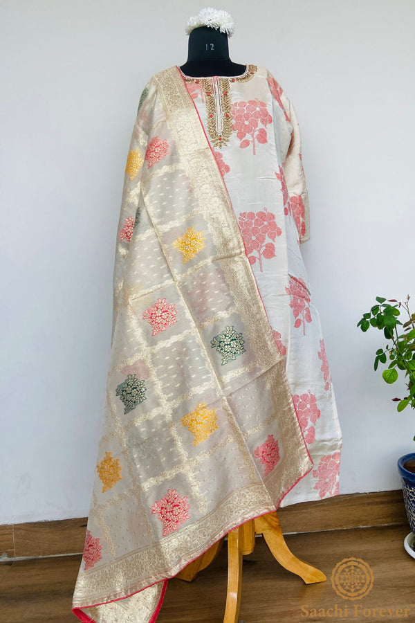 Creamy Shade & Red Shimmer Dola Silk Hand Zardosi Suit - 3 Piece