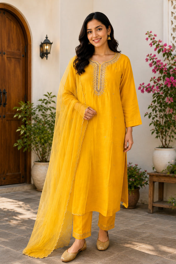 Mustard Yellow Dola Silk Hand zardosi Suit Set - 3 Piece