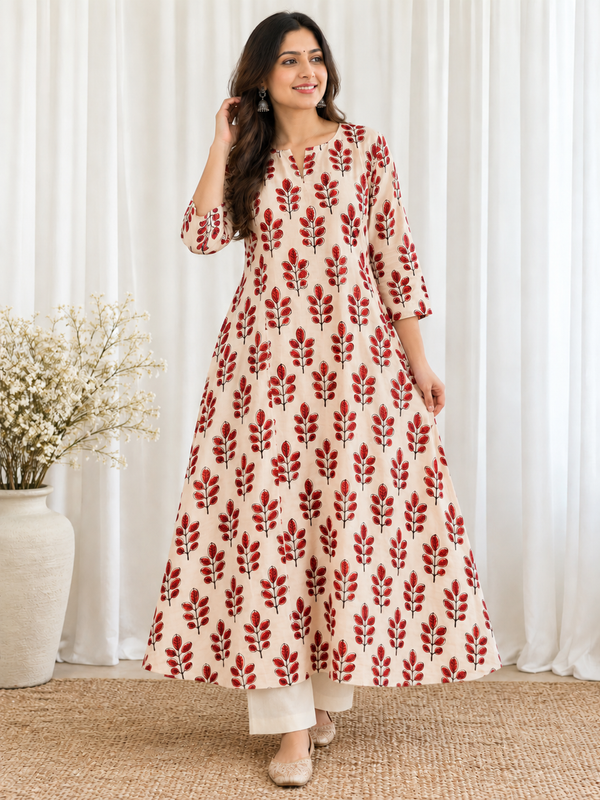 Beige Red Leaf Motif HandBlock Printed A-Line Cotton Kurta