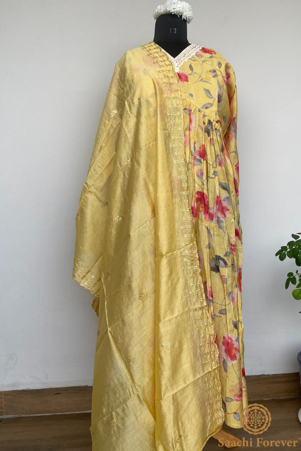 Lemon Yellow Muslin Silk Thread Lace Suit Set - 3 Piece