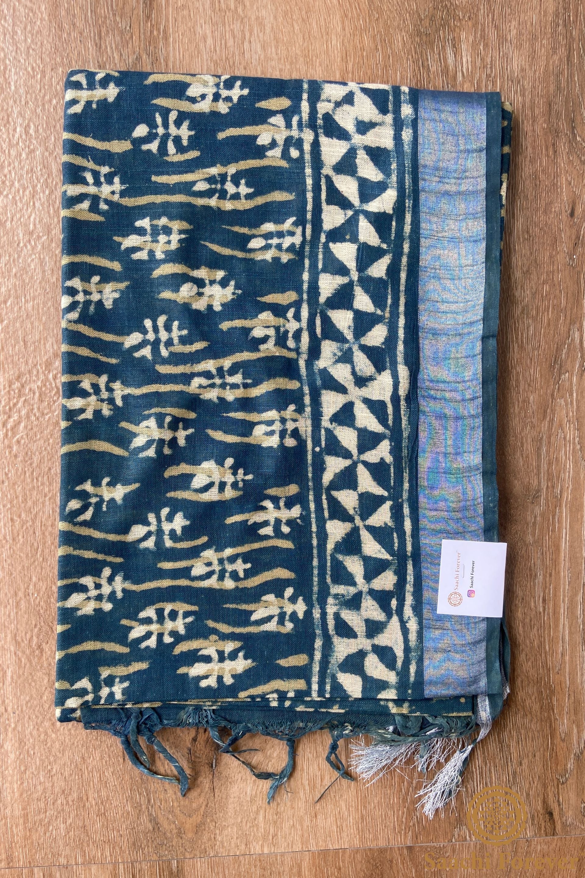 Indigo Green Block Printed Linen silver zari Saree
