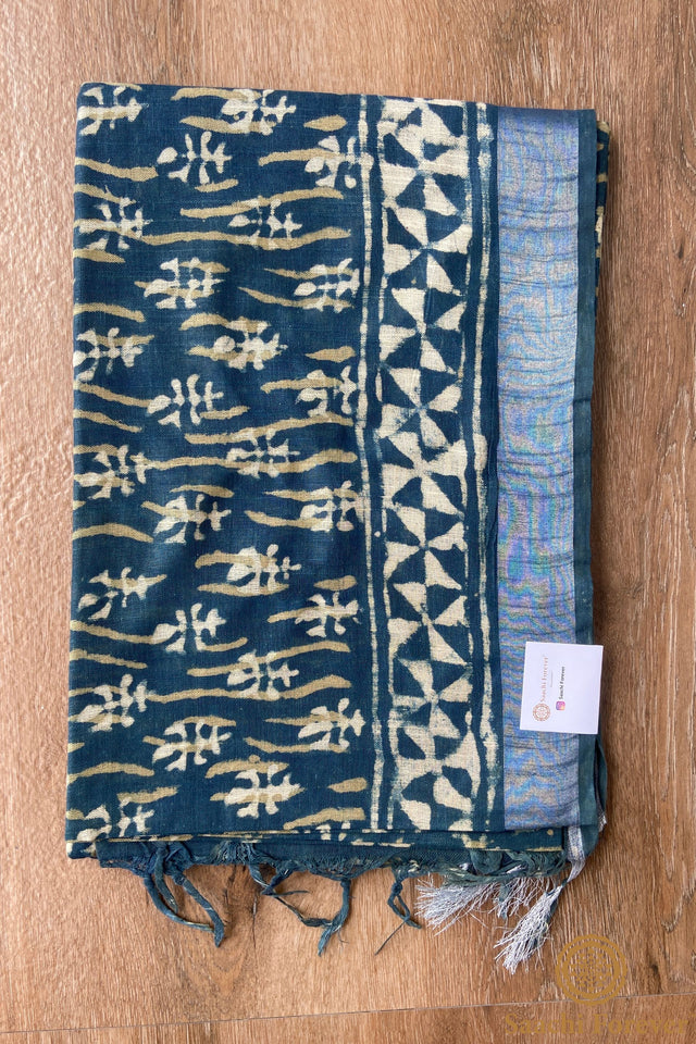 Indigo Green Block Printed Linen silver zari Saree